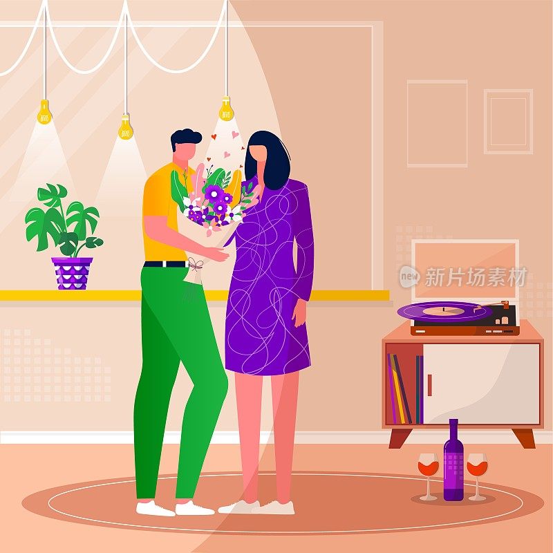 Men giving flowers to women, Happy family dancing, listen to music with vinyl record. couple spending time together. Husband and wife enjoying home entertainment. Vector flat interior illustration